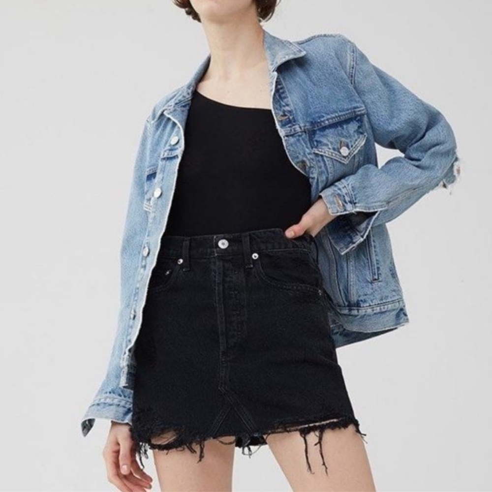 AGOLDE Women's Quinn Frayed Denim Skirt Black Jinx High Rise Button Fly Size 27